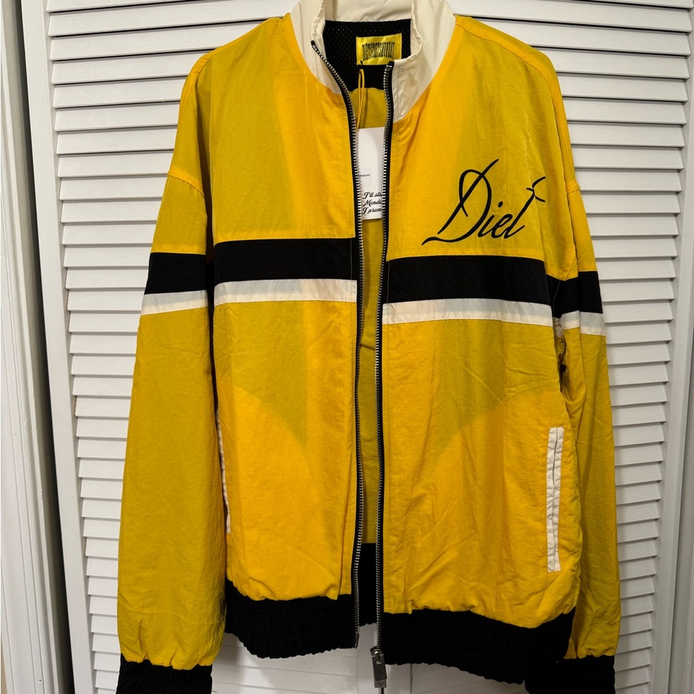 Vibrant Yellow and Black Varsity Bomber Jacket with Bold Stripes